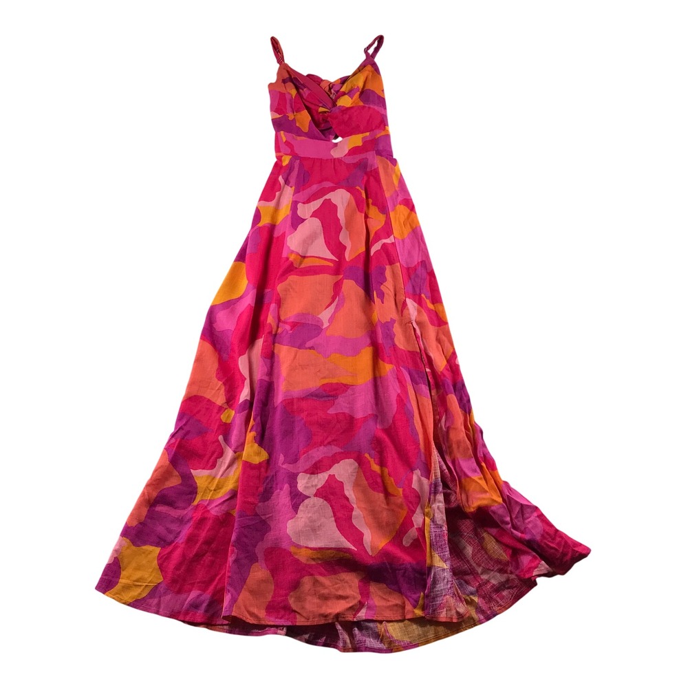 MSK Pink Orange Abstract Print Knot Front Cutout Maxi Dress Small Rayon Linen